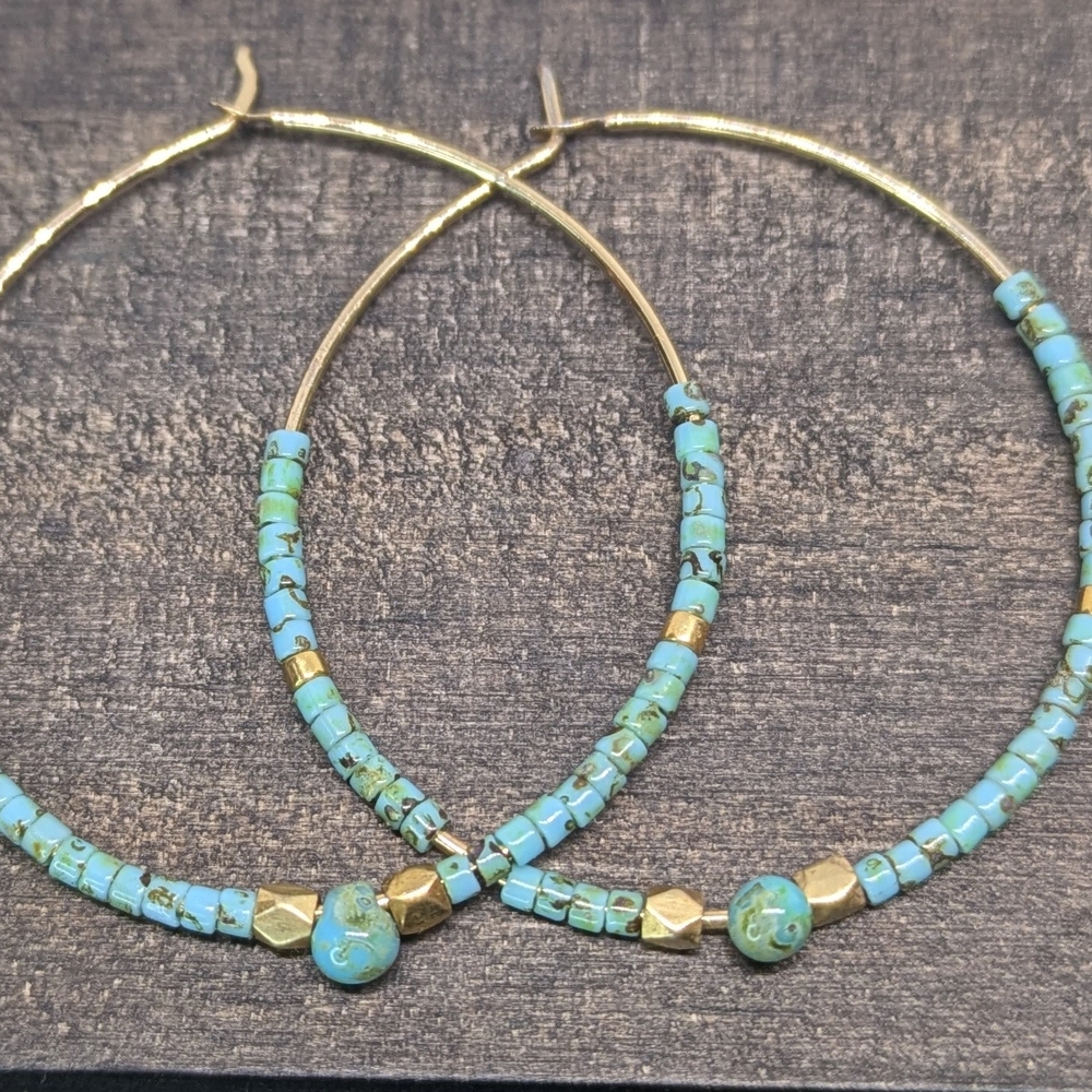 Real 18k Gold and Turquoise Beaded Hoop Earrings